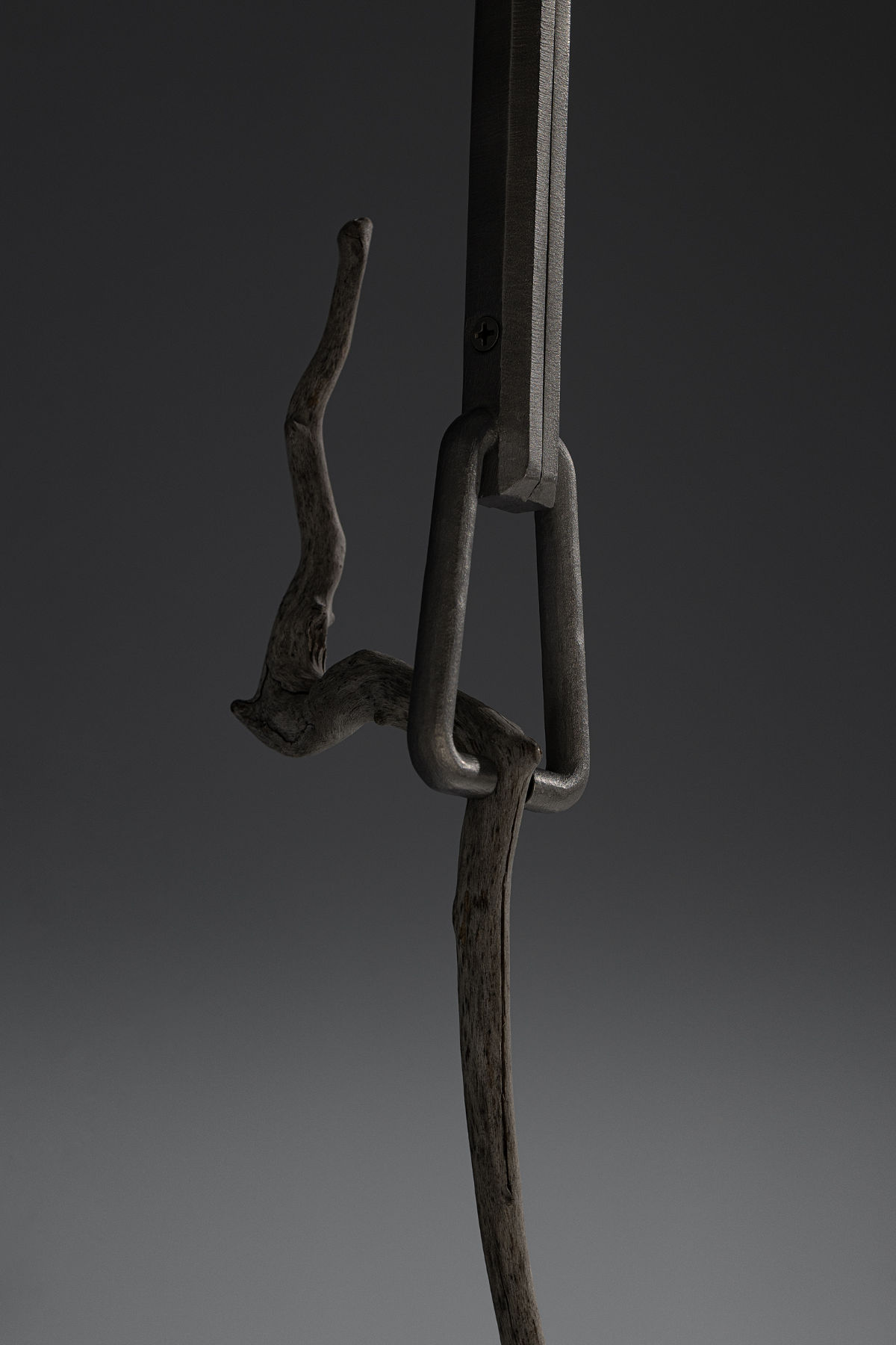 A dark cast metal sculpture of two intertwined branch-like forms threaded through an oversized industrial chain link, suspended from a metal rod against a gradient background.